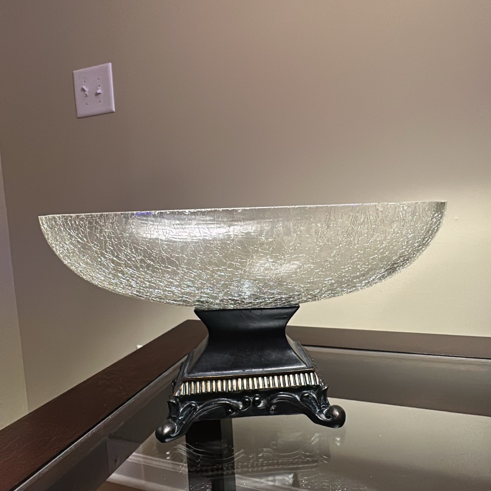 SOLD - Beautiful Glass Centerpiece With Crackle Finish and Heavy Base.